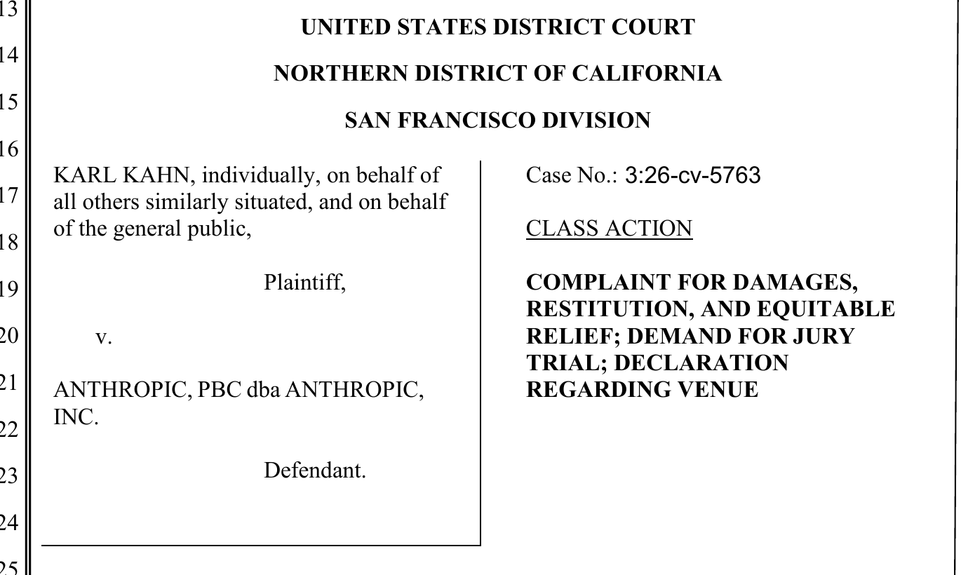 Kahn対Anthropic訴訟の訴状表紙で裁判所名、当事者、事件番号、Class Actionの表記が見える