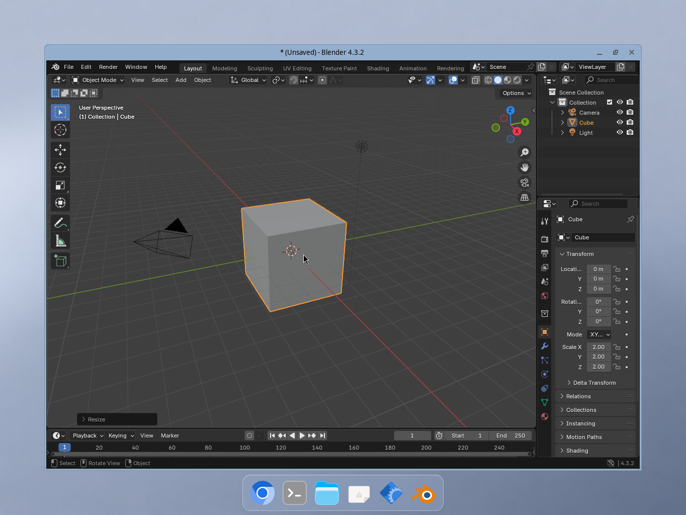 クラウドのBlenderで立方体を編集した画面