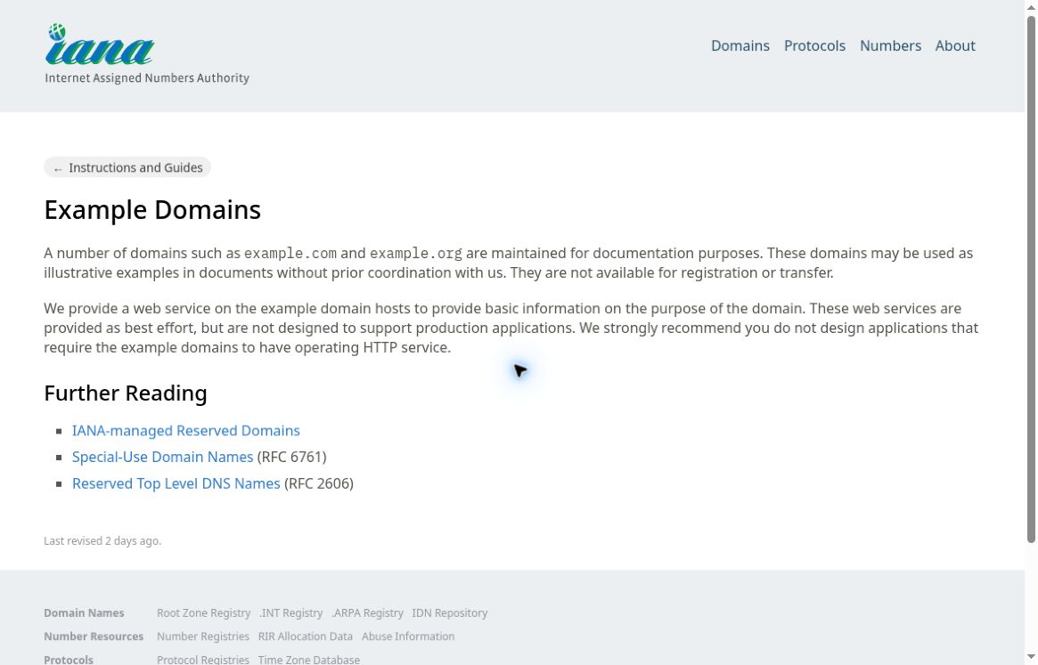 dot側のGUIブラウザーで表示したIANAのExample Domainsページ